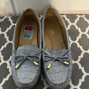 Michael Kors Light Gray Croc-Embossed Bow Moccasin Loafers